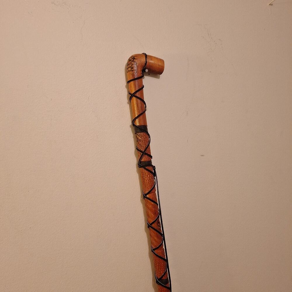 Vintage Handcarved Wood & Leather Handle Cane Walking Stick/Talking Stick